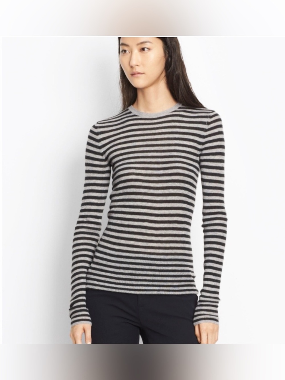 VINCE 100% Cashmere Striped Long-Sleeve Crewneck Top in Black and Gray size XS
